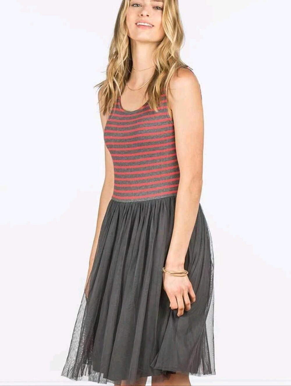 Matilda Jane Twas The Night Tulle Sleeveless Dress Sz XXL Gray Red Stripe
